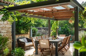 Coin repas sous une pergola